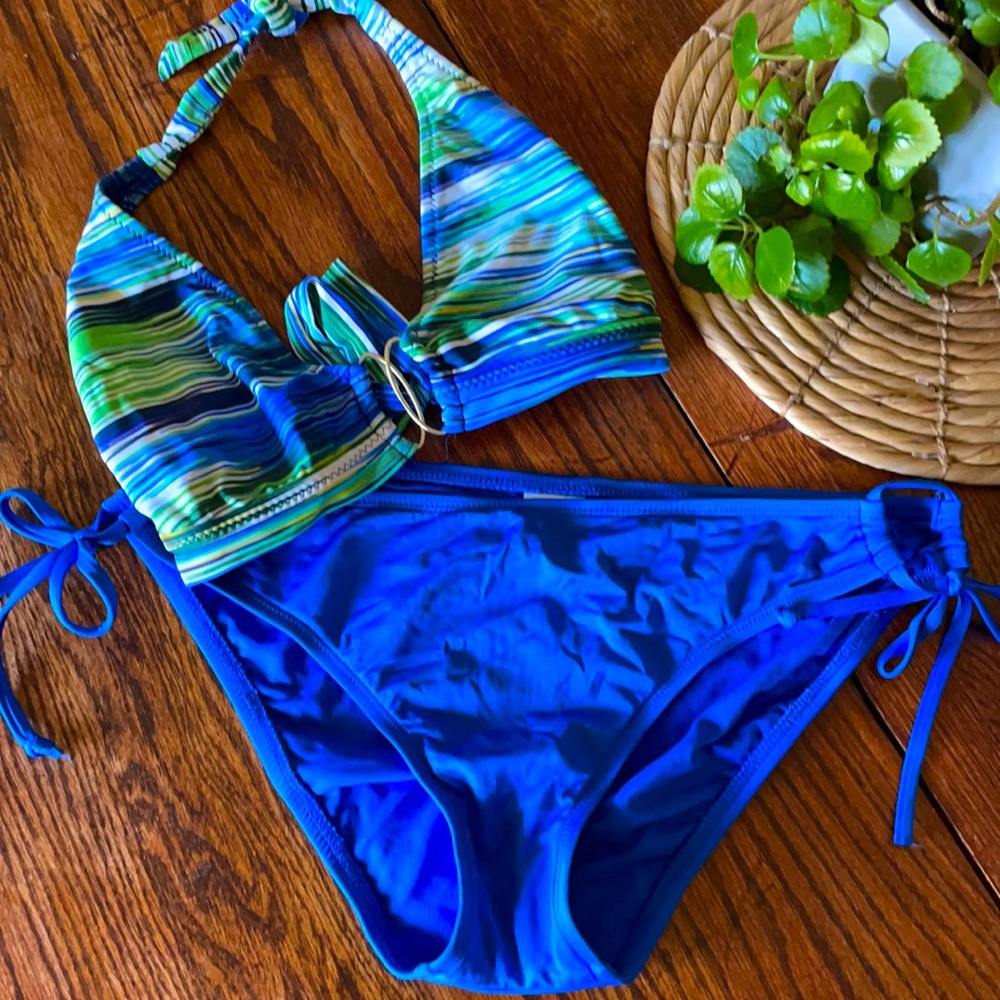 Blue and green halter bikini